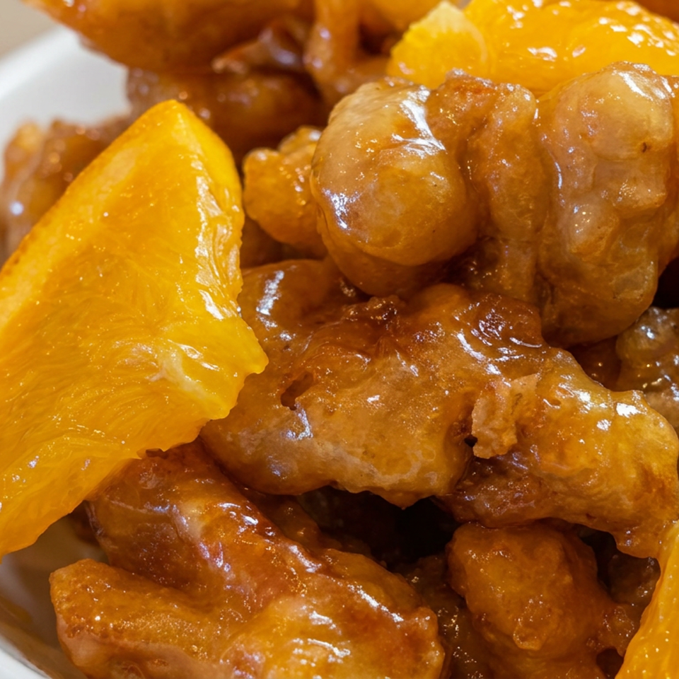 Close-up of crispy glazed chicken pieces topped with bright orange wedges in a white bowl.
