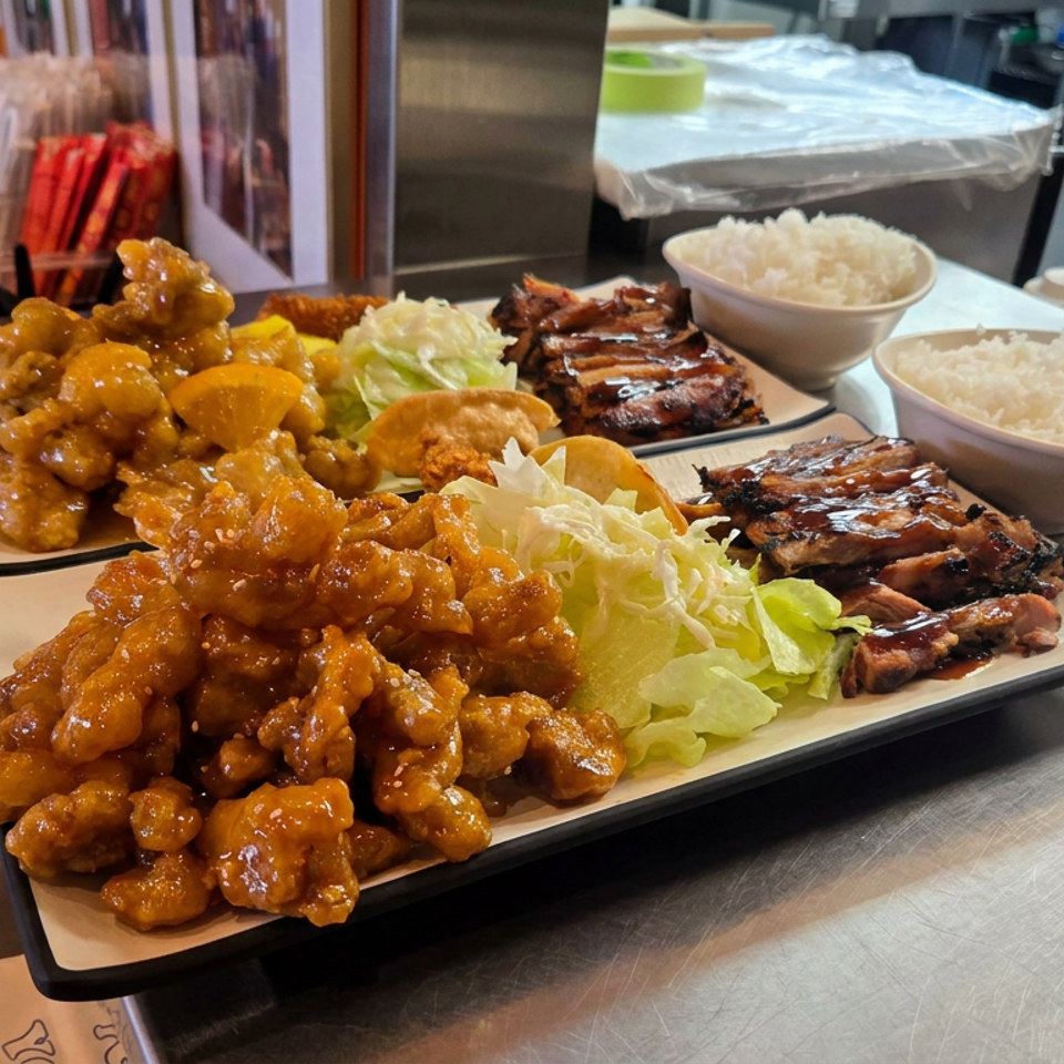 Two plates of saucy fried chicken and grilled meat with lettuce, orange slices, and bowls of white rice on a restaurant counter.